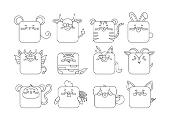 12 Chinese zodiac animal character sqaure faces line art icon vector set. Cute linear sshape square head of dragon, monkey snake, pig, dog, rooster rat, bull, tiger rabbit, horse goat. Editable stroke