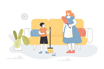 Son holding dust mop to help mother clean house. Happy boy cleaning dirty floor of living room flat vector illustration. Housework, family concept for banner, website design or landing web page
