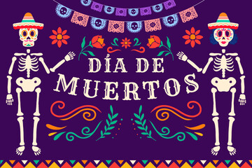 Obraz premium flat Dia de muertos background illustration with skeleton women and men used sombrero hat