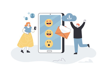 Tiny people using mobile app to chat, email and cloud download. Online communication of man and woman in phone flat vector illustration. Network concept for banner, website design or landing web page