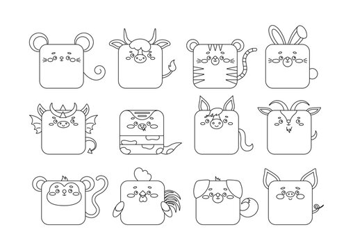 12 Chinese zodiac animal character sqaure faces line art icon vector set. Cute linear sshape square head of dragon, monkey snake, pig, dog, rooster rat, bull, tiger rabbit, horse goat. Editable stroke