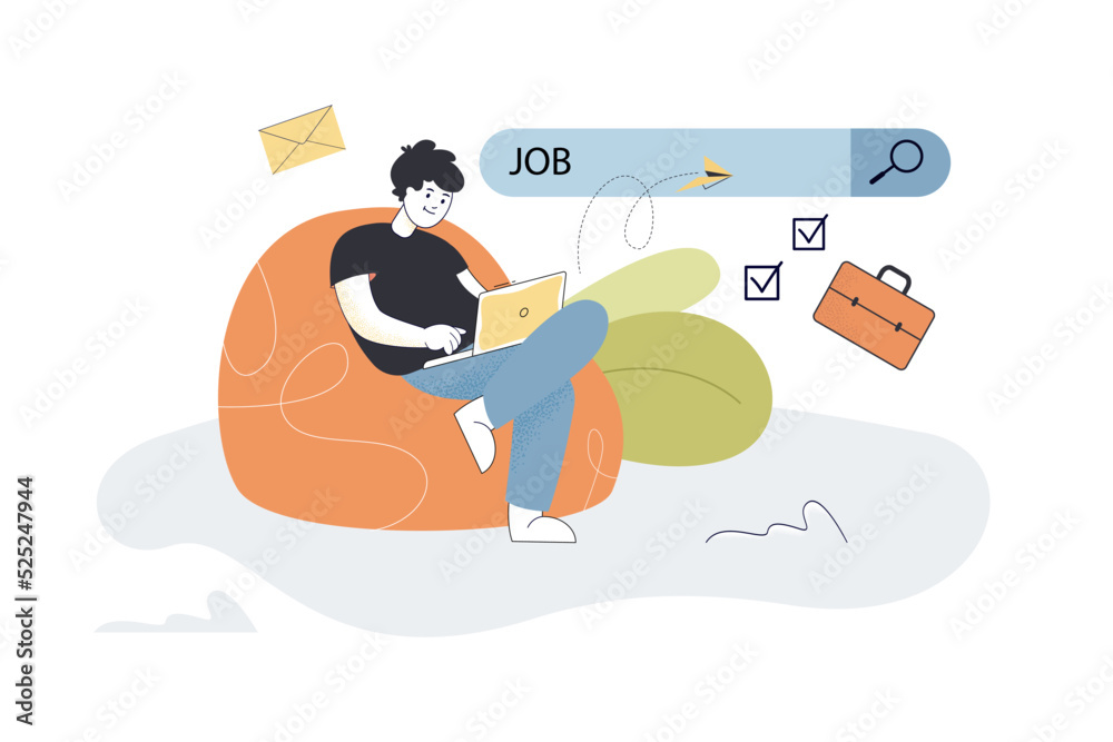 Wall mural man looking for job using online search bar in browser. tiny unemployed person sitting in chair with