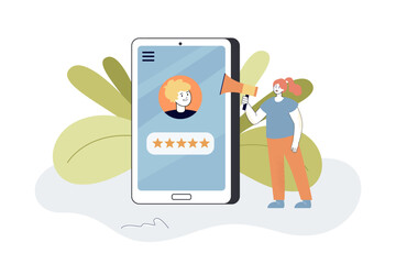 Tiny PR manager with megaphone advertising blogger. Profile of man with five star review on phone screen flat vector illustration. Marketing, SMM concept for banner, website design or landing web page