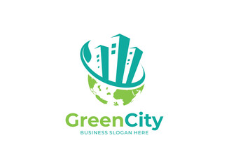 Green city leaf building globe logo icon vector