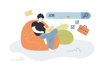 Man looking for job using online search bar in browser. Tiny unemployed person sitting in chair with laptop flat vector illustration. Vacancy concept for banner, website design or landing web page