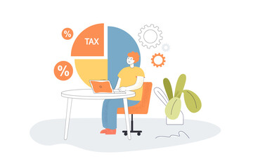 Corporate accountant planning budget, income and tax. Tiny man sitting at desk with laptop, pie chart flat vector illustration. Taxation concept for banner, website design or landing web page