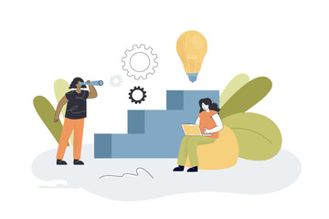 Woman with telescope looking at light bulb at ladder top. Tiny female employees working on business improvement flat vector illustration. Career concept for banner, website design or landing web page © Bro Vector