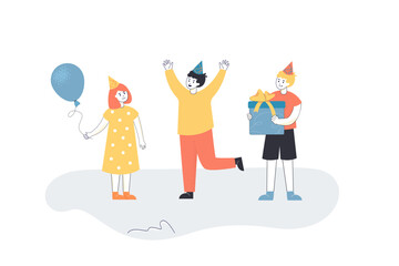 Birthday fun party with group of happy children. Boy holding gift for cute girl with balloon flat vector illustration. Joy, holiday with friends concept for banner, website design or landing web page