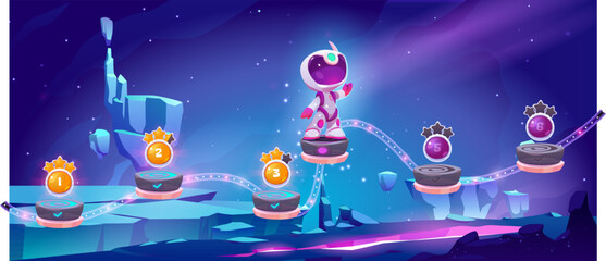 Space game, mobile arcade with astronaut jump on platforms with bonus and asset items on alien planet landscape. Cosmos, universe cartoon 2d gui futuristic adventure with cosmonaut vector illustration