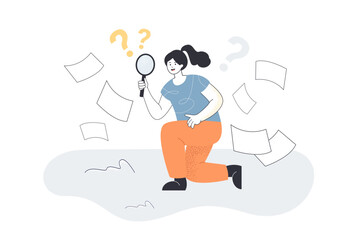 Woman looking through magnifying glass at flying paper documents. Question marks over girl flat vector illustration. Search for information concept for banner, website design or landing web page