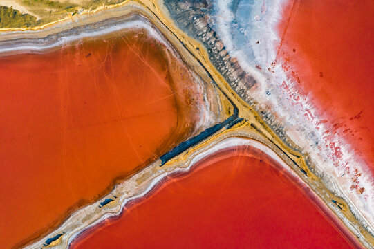 Aerial view of the salty pink lake. Pink Salt Lake Hutt Lagoon.