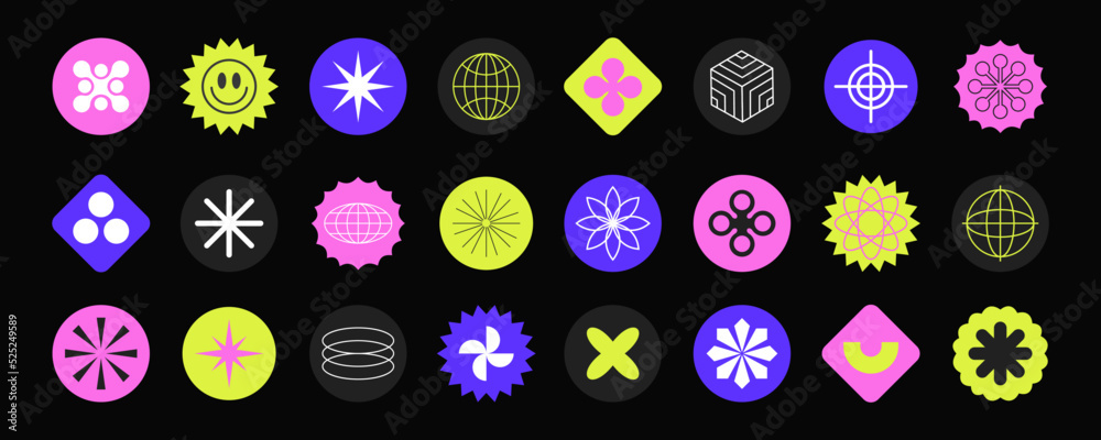 Wall mural retro futuristic design elements. collection of abstract graphic geometric symbols and objects in th