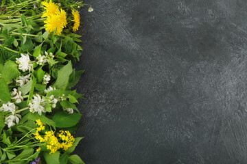 Edible plants and flowers on a dark background.