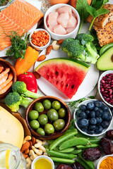 Healthy food assortment on light background.