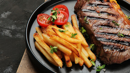 Striploin beef steak with french fries on dark background.