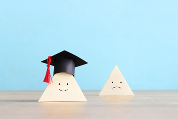 A smiling face with a graduation cap, in front of a sad face. Concept of education and choice
