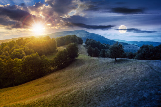 green pasture on the hillside at twilight. day and night time change concept. forested mountains in the distance. beautiful countryside landscape of transcarpathia in summer with sun and moon
