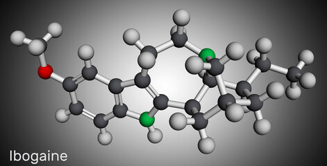 Ibogaine molecule. It is monoterpenoid indole alkaloid, psychoactive substance, hallucinogen, psychedelic. Molecular model. 3D rendering
