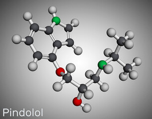 Pindolol molecule. It is nonselective beta adrenergic receptor blocker, used to treat hypertension, edema. Molecular model. 3D rendering.