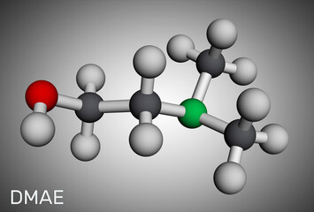 Dimethylethanolamine, dimethylaminoethanol, DMAE, DMEA molecule. It is tertiary amine, curing agent and a radical scavenger. Molecular model. 3D rendering.