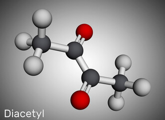 Diacetyl, butanedione molecule. It is occurs  in alcoholic beverages and is added as a flavoring to some foods. Molecular model. 3D rendering