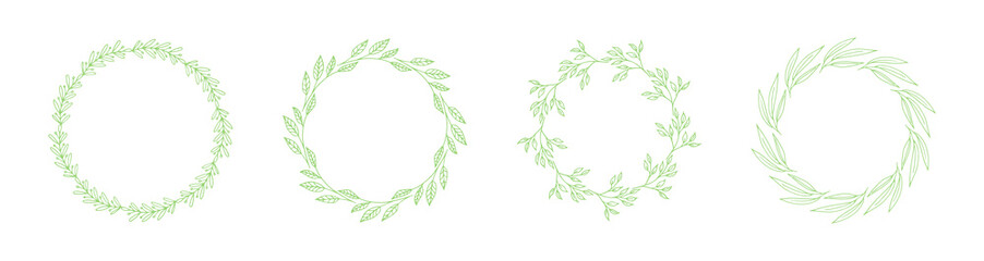 Hand drawn floral circle wreaths. Vector set of decorative round frames with leaves