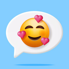 3D Yellow Happy Emoticon with Three Hearts in Speech Bubble. Render Heart on Face and Open Smile Emoji. Happy Face Simple. Communication, Web, Social Network Media, App Button. Vector Illustration