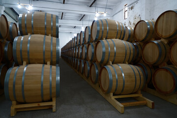 new Wine or cognac barrels in the cellar of the winery, Wooden vine barrels in perspective. vine...