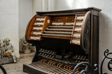 Old wooden organ musical instrument church.