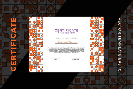 Trendy business diploma mockup for graduation or course completion. Horizontal certificate of appreciation dark template with modern minimal geometric pattern. Vector background EPS 10