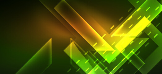 Obraz premium Background wallpaper neon glowing lines and geometric shapes. Dark wallpaper for concept of AI technology, blockchain, communication, 5G, science, business and technology