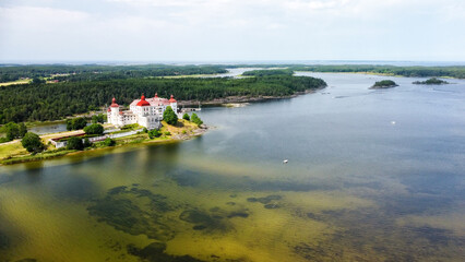 Lacko castle - aerial view with the lake bay