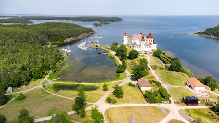 Lacko castle - aerial view with the lake