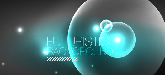 Shiny neon geometric abstract background. Glowing lights on round shapes, triangles and circles. Wallpaper for concept of AI technology, blockchain, communication, 5G, science, business