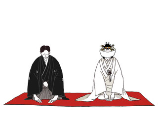 毛氈(もうせん)に座り、お辞儀をする和装の新郎新婦（角隠し）、カラー  © POMO@Ymo