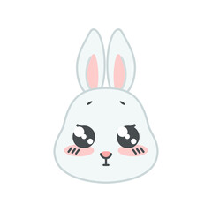 Cute begging bunny face. Flat cartoon illustration of a funny little gray rabbit isolated on a white background. Vector 10 EPS.
