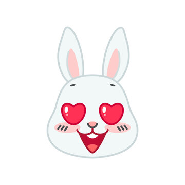 Cute bunny in love face. Flat cartoon illustration of a funny little gray rabbit with heart shaped eyes isolated on a white background. Vector 10 EPS.
