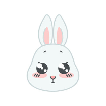 Cute begging bunny face. Flat cartoon illustration of a funny little gray rabbit isolated on a white background. Vector 10 EPS.
