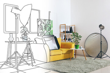 Fototapeta na wymiar New interior of modern photo studio with sofa