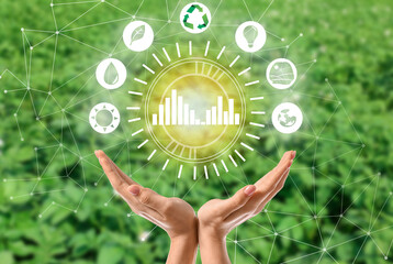 Female hands with digital icons and recycling symbol on blurred green background. Concept of green...