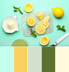 Cut lemons with ceramic squeezer on turquoise background. Different color patterns