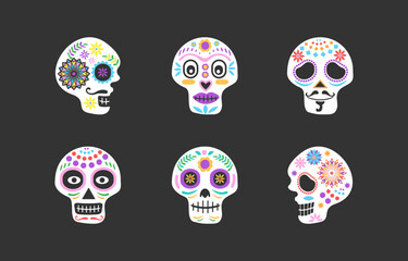 Obraz premium Day of the dead, Dia de los muertos, banner with colorful Mexican flowers. Fiesta, Halloween holiday poster, party flyer, funny greeting card