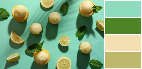 Tasty citrus ice cream on turquoise background. Different color patterns