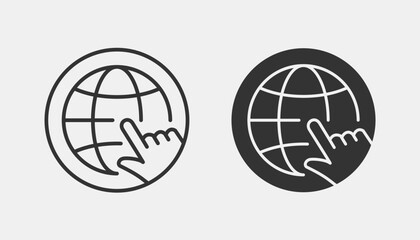 Hand with globe vector icon. Black illustration isolated on white background for graphic and web design.