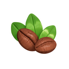 Coffee bean with green leaf icon isolated 3d render illustration