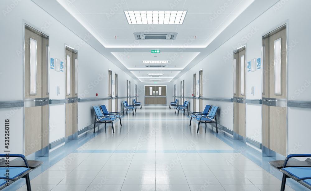 Wall mural long white hospital corridor with rooms and seats 3d rendering. empty accident and emergency interio