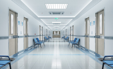 Long white hospital corridor with rooms and seats 3D rendering. Empty accident and emergency interior with bright lights lighting the hall from the ceiling - obrazy, fototapety, plakaty