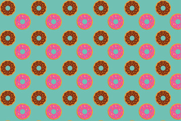 Donuts isolated on green background, donut collection, sweet donuts, icing sugar donuts. Stay with white chocolate, strawberry and chocolate donuts top view.