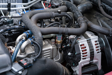 Powerful car engine. The internal design of the engine. Part of the car engine. Modern powerful car engine.