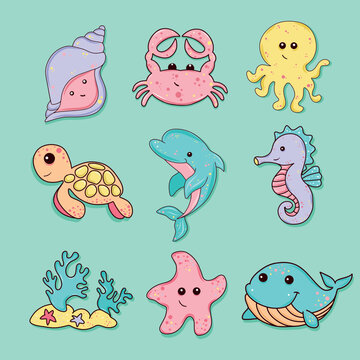 Underwater animals vector illustration set bright icons stickers cute sea animals ocean baby crab turtle octopus dolphin seahorse shell starfish whale corals